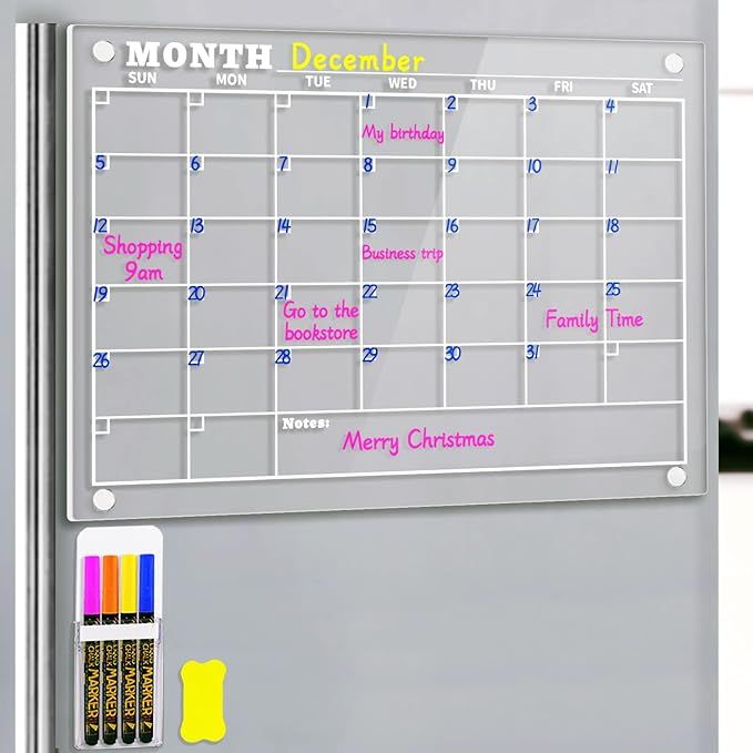 Magnetic Dry Erase Calendar Board Clear Acrylic Calendar WhiteBoard 17"x12" for Fridge with 4 Col... | Amazon (US)