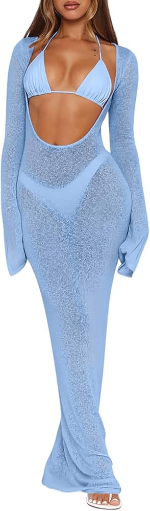 Women's 3 Piece Swimsuit Set Long Sleeve Sheer Mesh Cutout Maxi Dress Cover Up with Triangle Biki... | Amazon (US)