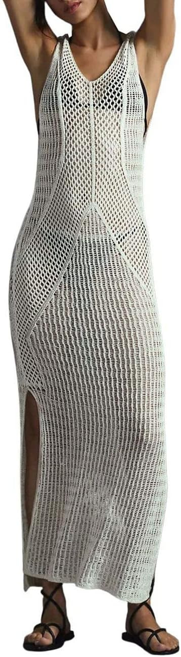 Bsubseach Women Lace Up V Neck Long Sleeve Crochet Swimsuit Cover Up Dress | Amazon (US)