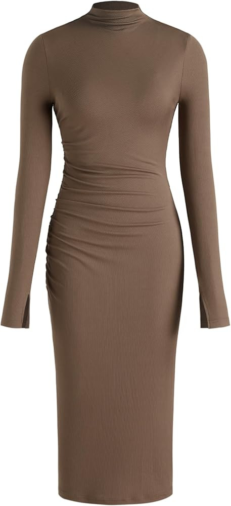 CIDER Long Sleeve Dress for Women - High Neck Ribbed Knit Bodycon Ruched Midi Dress 2024 Cocktail... | Amazon (US)