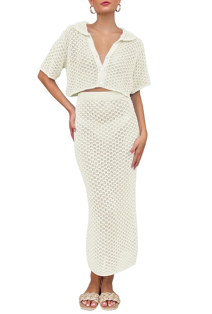 Saodimallsu Women Crochet Beach Cover Up Set Knit Crop Button Short Sleeve Collar Top Bodycon Lon... | Amazon (US)
