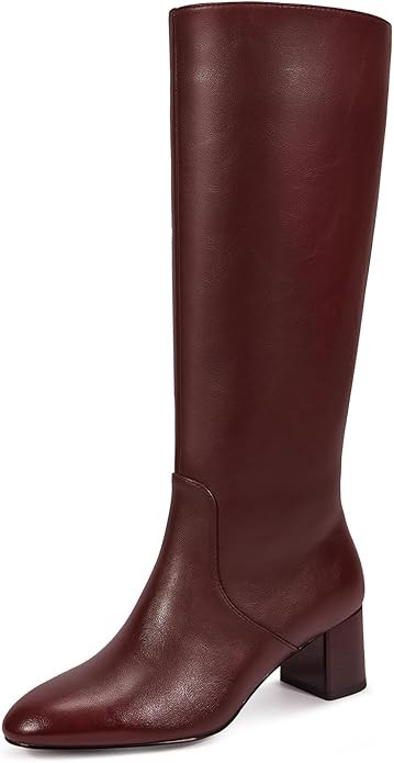 wetkiss Low Heel Knee High Boots for Women Regular Calf Friendly Side Zipper Almond Toe Faux Leat... | Amazon (US)