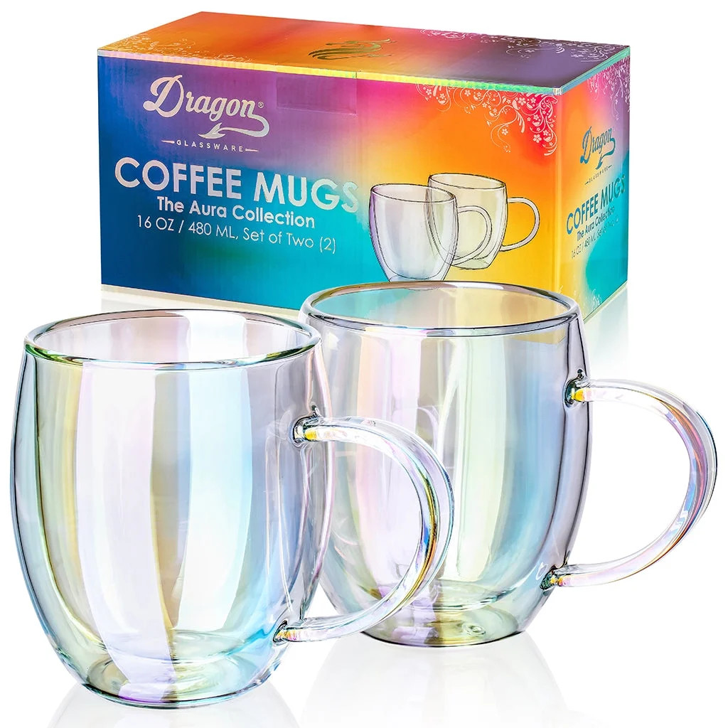 Dragon Glassware Glass Coffee Mugs, Iridescent Double Wall Insulated Cups, Keeps Beverages Hot or... | Walmart (US)