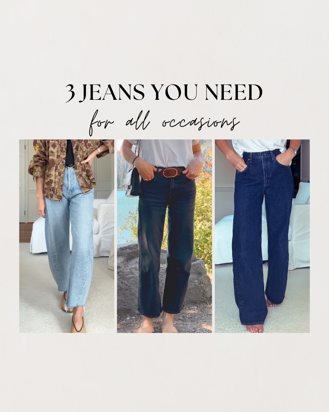 The only 3 pairs of jeans you need (each pair comes in a variety of colors but below are the exact ones I have)

All fit TTS (I’m 5’6” and wearing a 25 in all - I selected 26” inseam for the Quince pair"

#LTKStyleTip #LTKFindsUnder50 #LTKGiftGuide