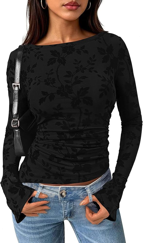 PRETTYGARDEN Women Long Sleeve Floral Mesh Tops Blouse 2025 Fall Trendy Boat Neck Ruched Fitted S... | Amazon (US)