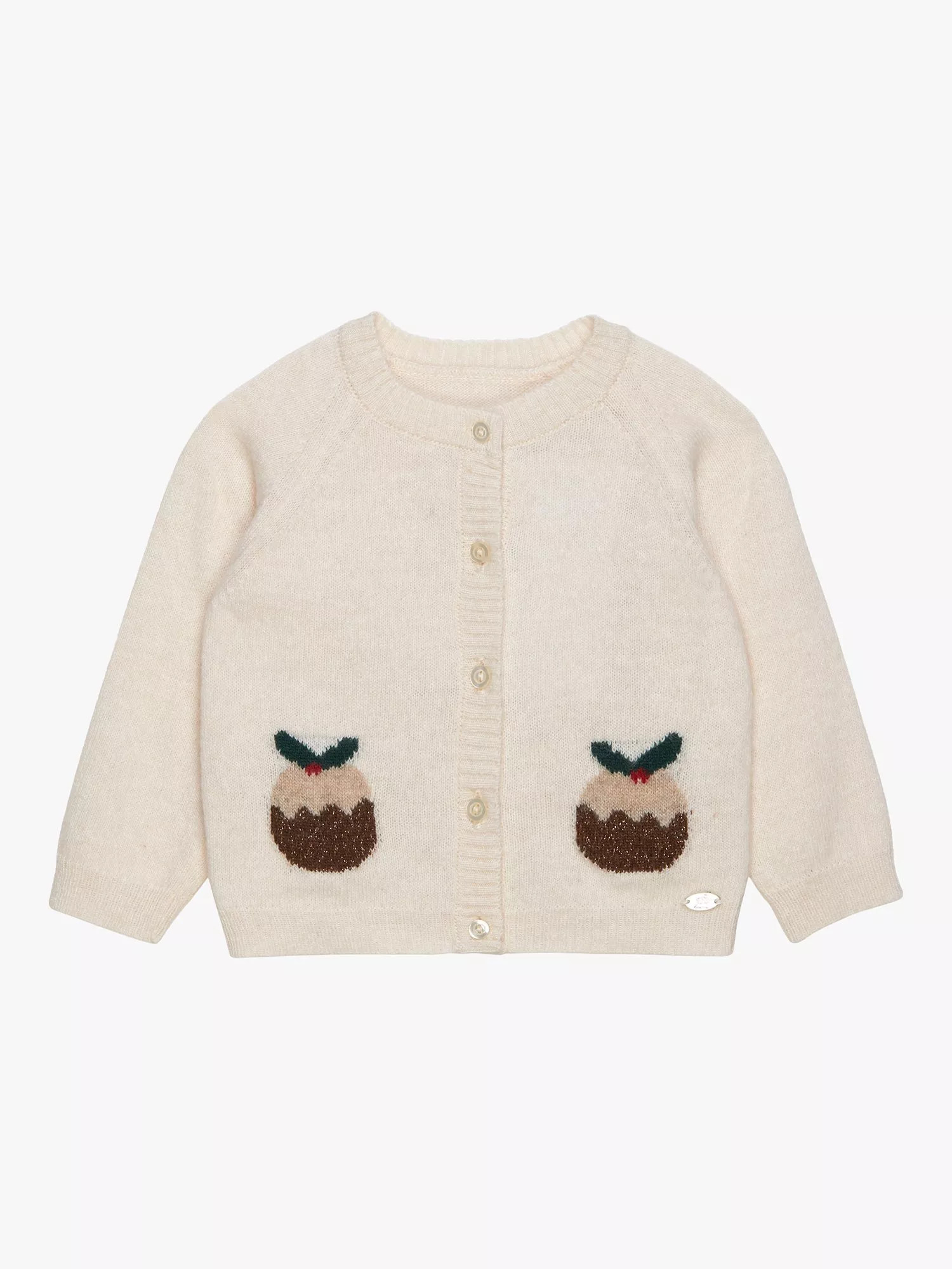 TrottersBaby Wool Blend Christmas Pudding Cardigan, Winter White | John Lewis (UK)