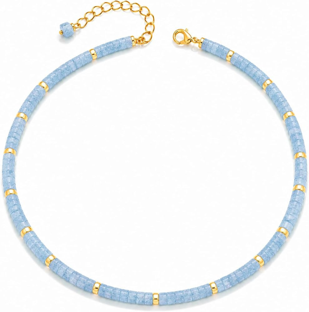 Natural Heishi Gemstone Choker Necklace for Women, Adjustable 15"+2" Beaded Layering Necklace, Co... | Amazon (US)