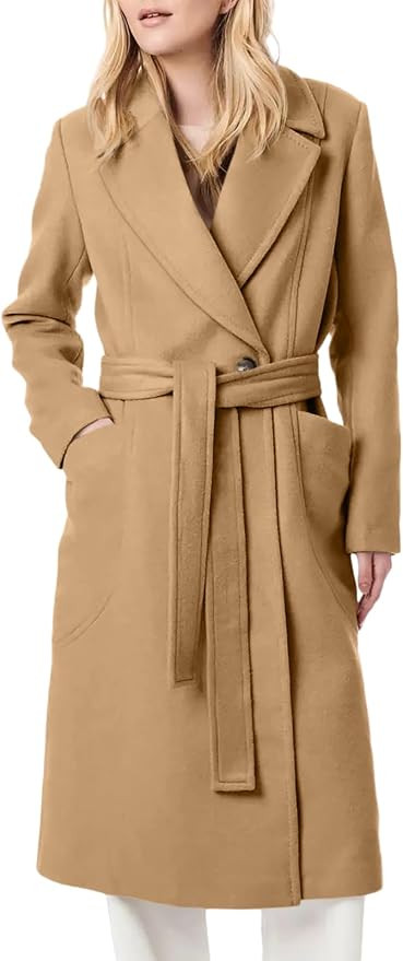 Women's Notch Lapel Collar Pea Coat Long Sleeve Casual Fall Winter Long Overcoat with Belt | Amazon (US)