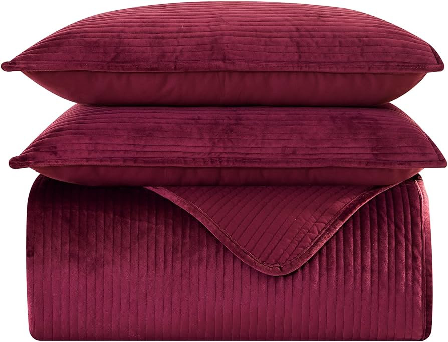 Elegant Comfort Luxury 3-Piece Velvet Corduroy Stripe Quilt Set, Ultra Soft Bedspread - Cozy Velv... | Amazon (US)