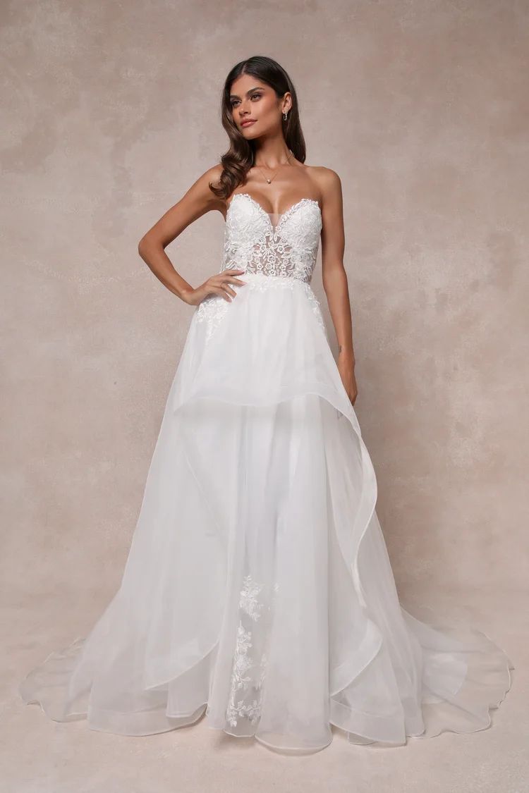 Mine, All Mine White Embroidered Organza Strapless A-Line Gown | Lulus