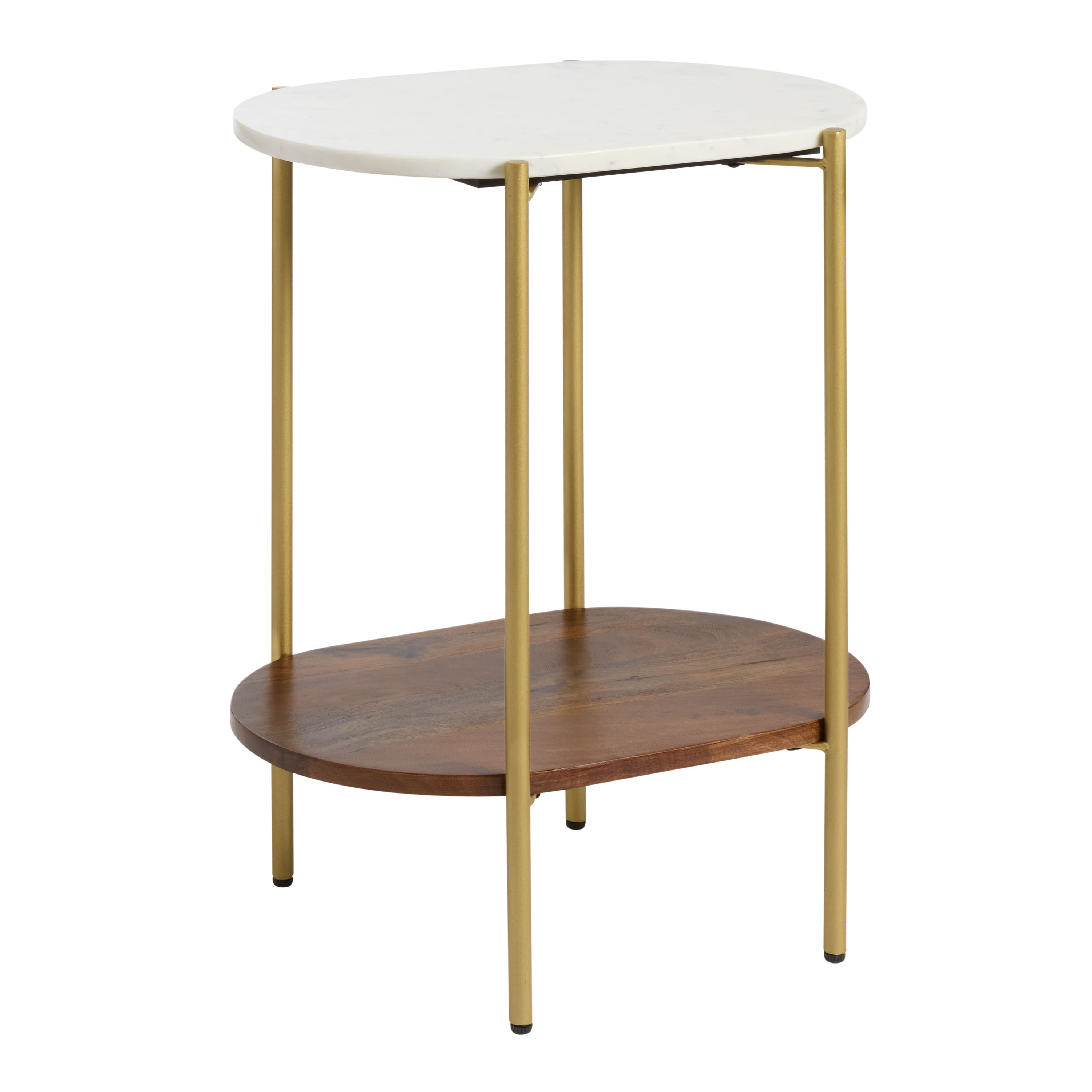 Reggio Oval White Marble and Wood End Table with Shelf | World Market