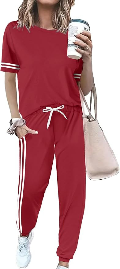 Women 2 Piece Outfits Summer Set Striped Short Sleeve Sweatsuits Crew Neck Pullover Lounge Tracks... | Amazon (US)