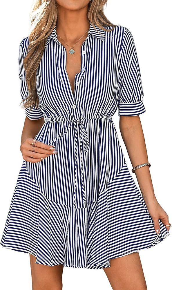 MASCOMODA Womens Puff Short Sleeve Striped Mini Summer Dress Spring Casual V Neck Button Down A L... | Amazon (US)