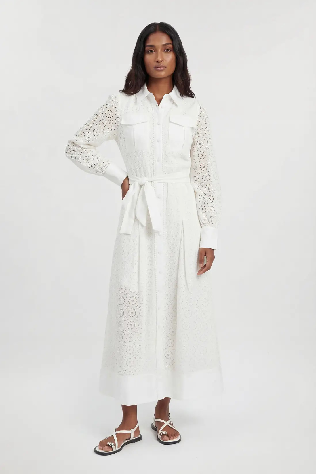 Blue Cotton Broderie Belted Shirt Dress | Karen Millen | Karen Millen