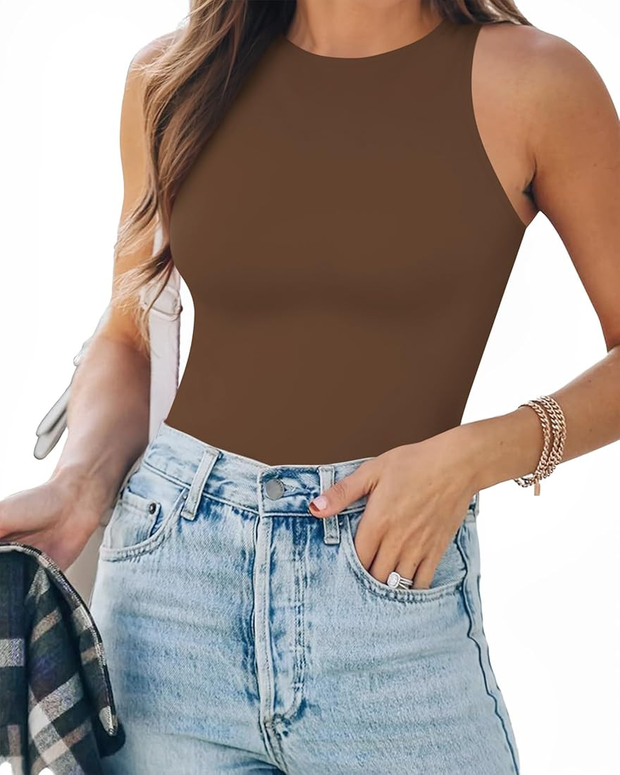 MANGOPOP Tank Top Body Suits Women Sexy Crew Neck Racerback Halter Ribbed Sleeveless Bodysuit for... | Amazon (US)