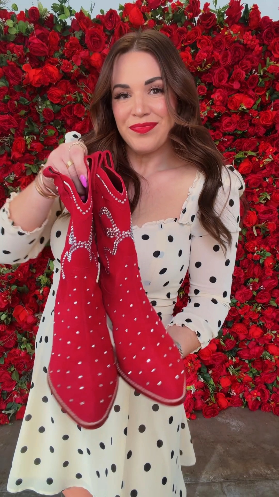 curvy midsize cream polka dot dress with red accessories! wearing size 12 in dress, runs small. 

what i wore to a western themed Galentine event ❤️ 

#LTKMidsize #LTKValentine #LTKSeasonal