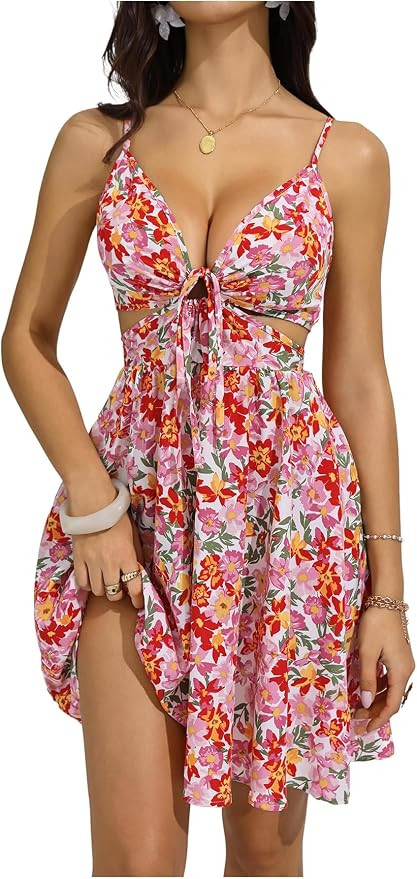 MakeMeChic Women's Boho Summer Vacation Dress Sundress Floral Sleeveless V Neck Cut Out Short Flo... | Amazon (US)