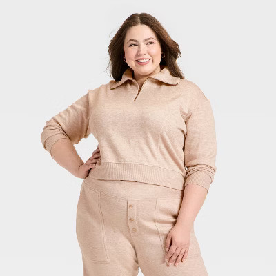 Women's Quarter Zip Pullover Sweatshirt - Universal Thread™ Heather Oatmeal 4X | Target