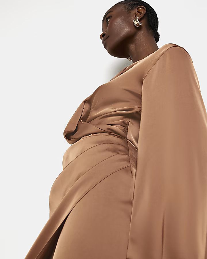 Bronze satin wrap midi dress | River Island (UK & IE)