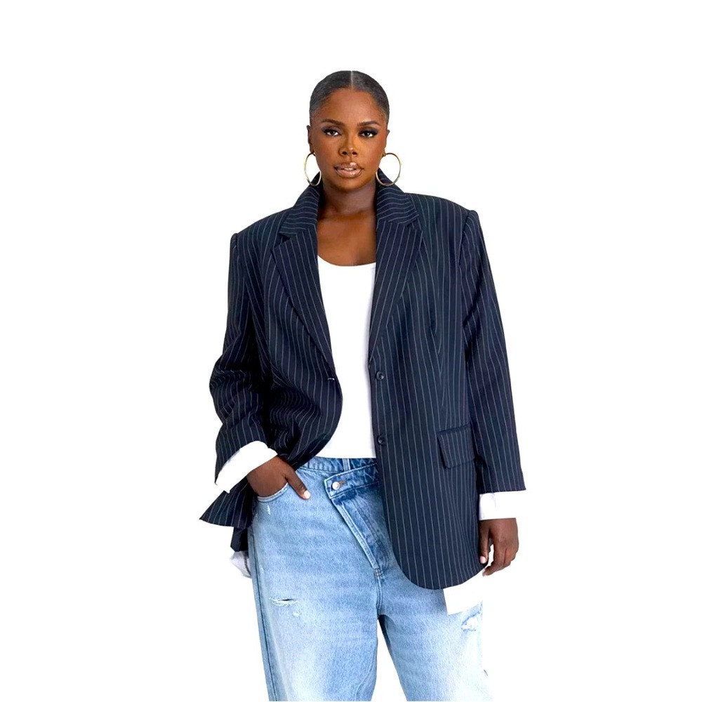 KBB by KAHLANA Women's 'The Shirt Blazer' - Navy/White Striped 2X | Poshmark
