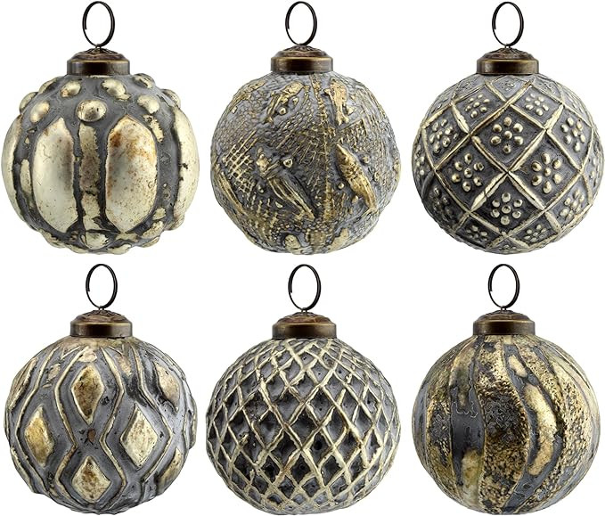 AuldHome Design Farmhouse Ball Ornaments (Set of 6, Antique Gold); Distressed Metal Glass Ball Vi... | Amazon (US)