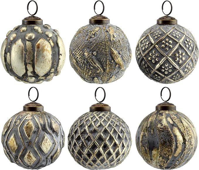 AuldHome Farmhouse Ball Ornaments (Set of 6, Silver Gray); Distressed Metal Glass Ball Vintage St... | Amazon (US)