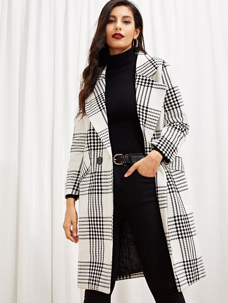 Self Tie Plaid Pocket Side Coat | SHEIN