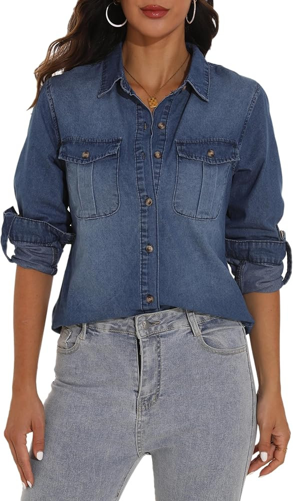 GUANYY Womens Denim Button Down Shirt Long Sleeve V Neck Jean Shirts Western Chambray Blouse Top | Amazon (US)