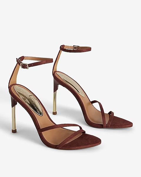 Faux Suede Strappy Gold Thin Heeled Sandals | Express