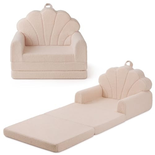 Blissful Diary Kids Couch, 2-in-1 Soft Toddler Couch Fold Out, Toddler Chair Comfy, Convertible Sofa to Lounger, Kids Furniture for Playroom, Gift for Birthday, Children's Day, Beige Shell | Amazon (US)