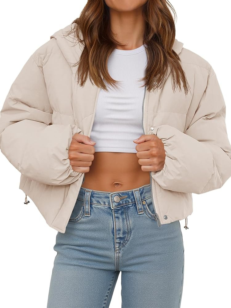 Tankaneo Women's Cropped Puffer Jacket Casual Winter Hoodie Baggy Short Down Coats with Pockets | Amazon (US)