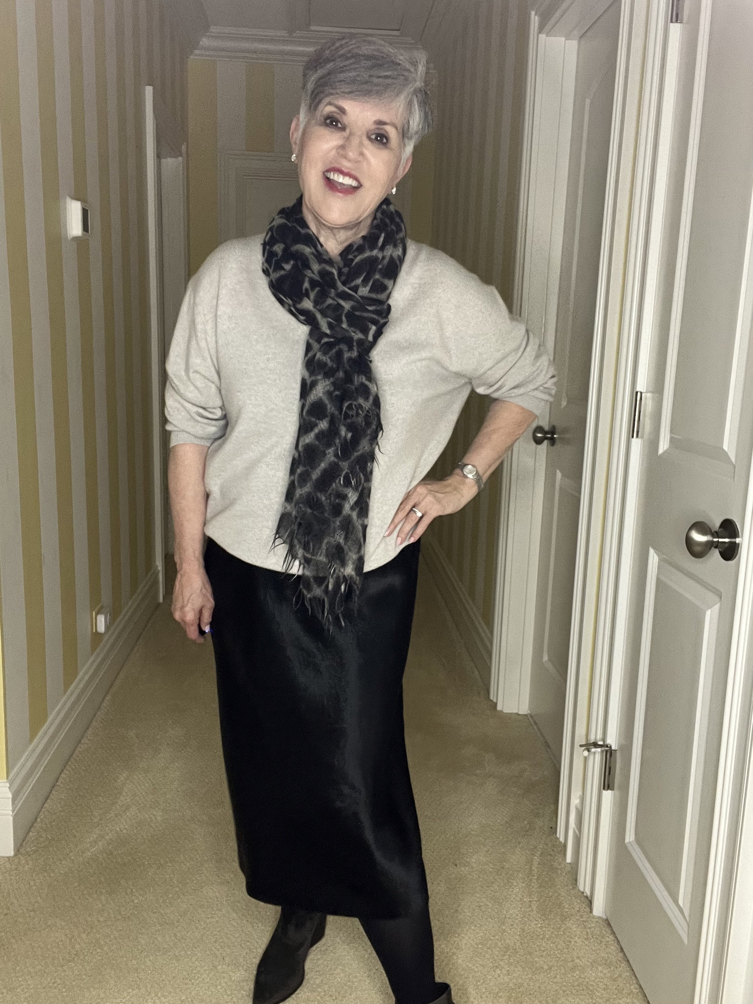 Terrific black satin @vince slip dress (low stock, so I listed a great option below ⬇️) (s). Worn with grey cashmere v-neck and pretty scarf 🧣!
#ltkover50
#ltkstyletip
#ltksalealert
#ltkshoecrush#LTKMostLoved

#LTKfindsunder100 #LTKSeasonal