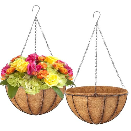 LCHUANG Hanging Baskets Planter for Plants - 2 Pack 12 Inch Metal Baskets with Coco Coir Liner, Hanging Flower Pots for Outside with Chain, Indoor Outdoor Garden Porch Decoration (12'' Pack of 2) | Amazon (US)