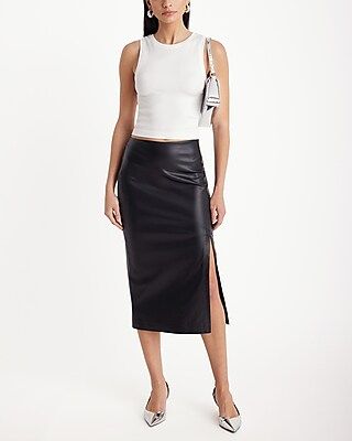 Super High Waisted Faux Leather Side Slit Midi Skirt Black Women's S | Express