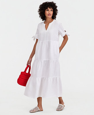 Women's 100% Linen Tie-Sleeve Tiered Midi Dress | Macy's