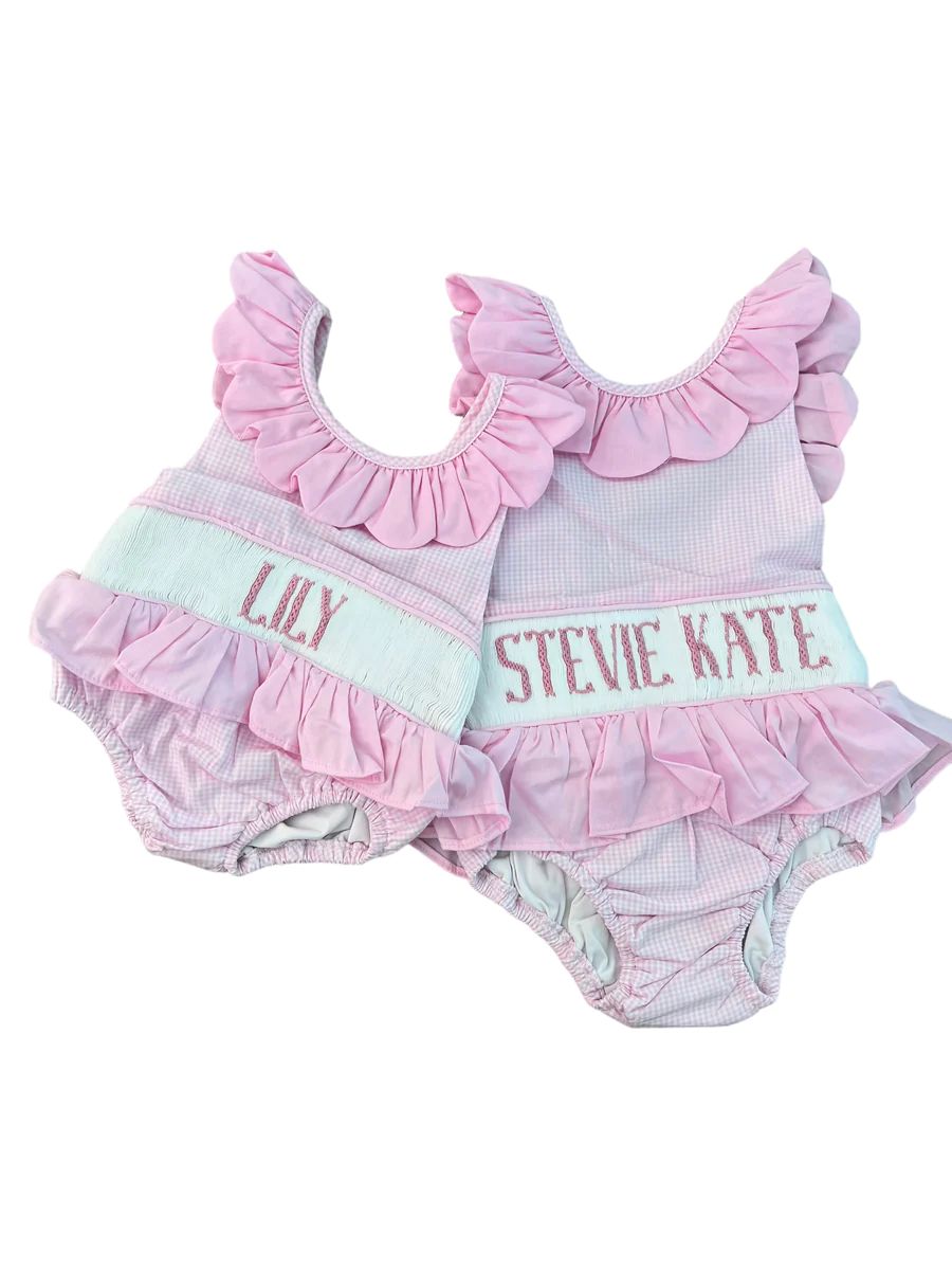 PERSONALIZED PINK GINGHAM SWIMSUIT ONE PIECE PRE-ORDER | Shop Teeta