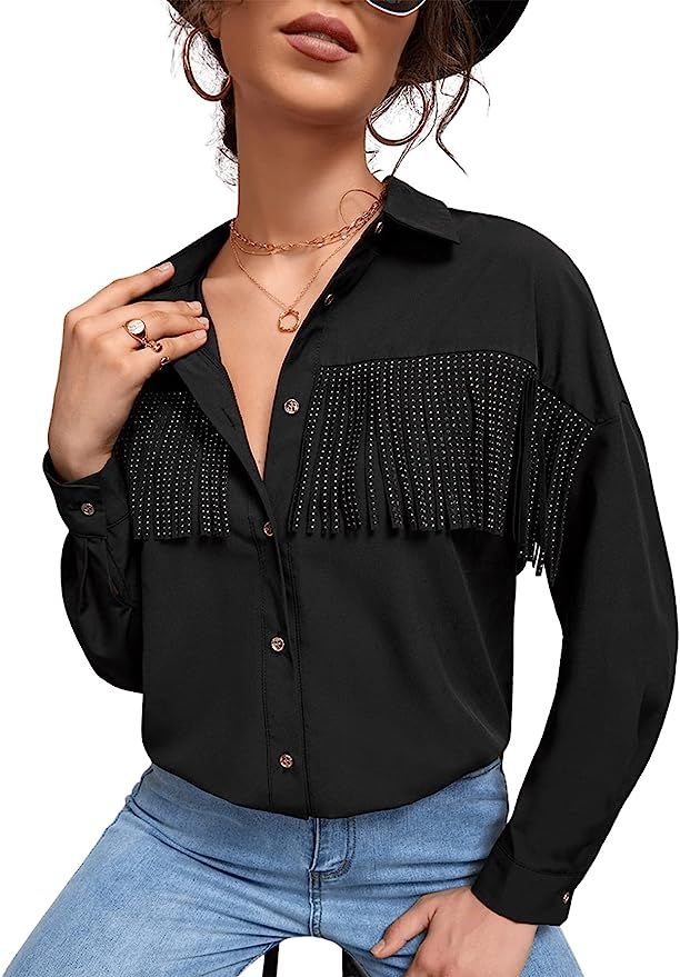 SweatyRocks Women's Long Sleeve Button Front Chiffon Blouse Fringe Trim Shirt Top | Amazon (US)