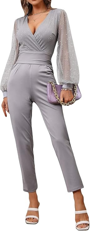 WDIRARA Women's Mesh Lantern Long Sleeve V Neck Tie Back Stretchy Party Club Jumpsuit | Amazon (US)