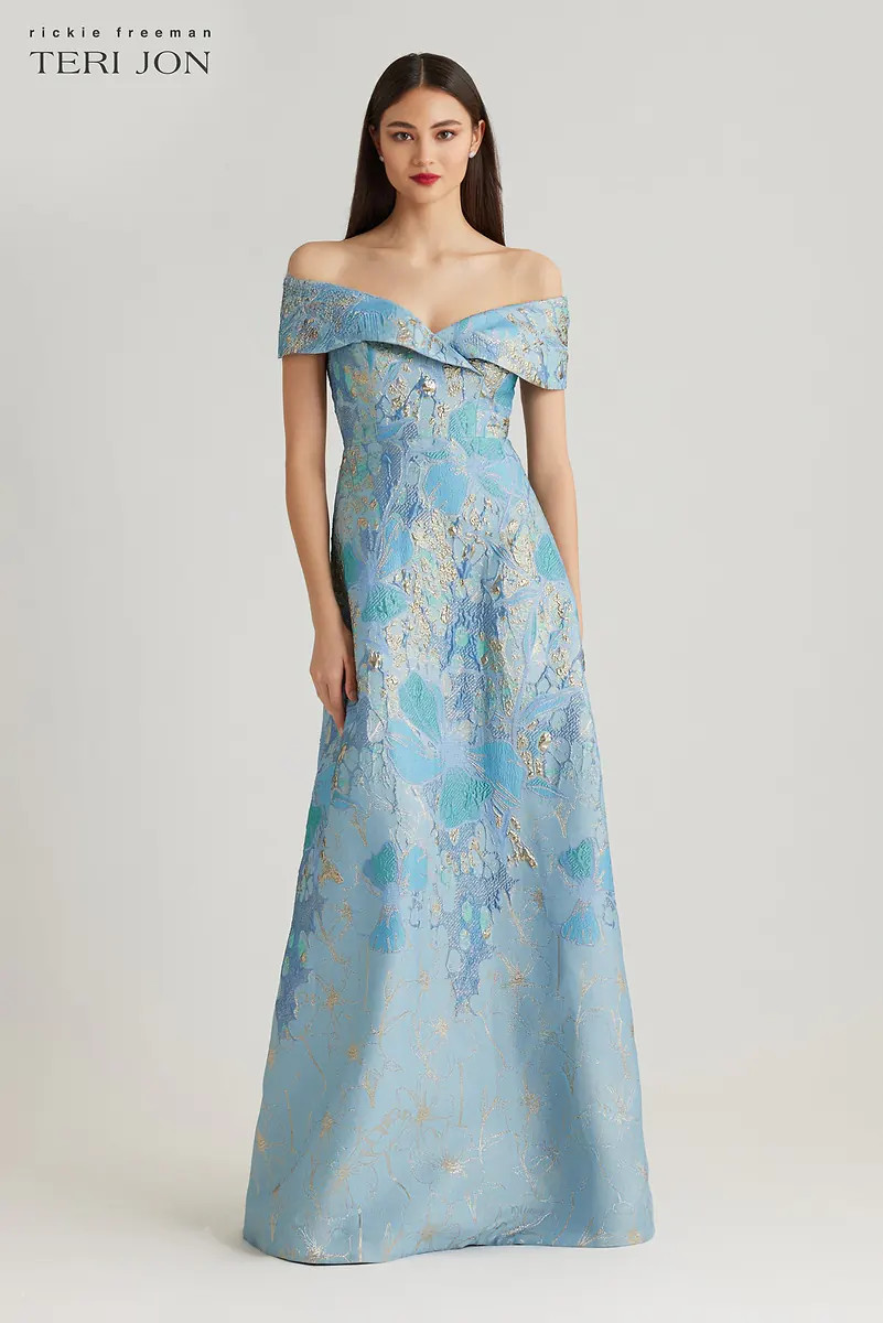 Jacquard Metallic Off The Shoulder A Line Gown | TERI JON