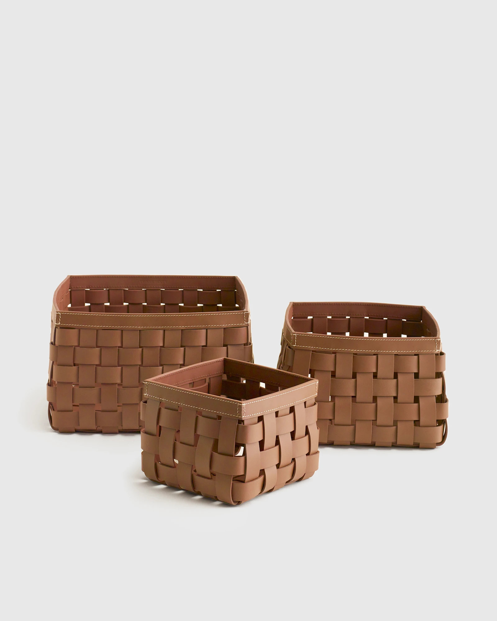 Quince | Recycled Woven Leather Baskets Set of 3 in Brown | Quince
