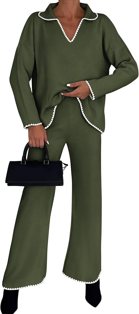 KIRUNDO 2 Piece Sets for Women Fall Sweater Sets Oversized Long Sleeve V Neck Knit Pullover Wide ... | Amazon (US)