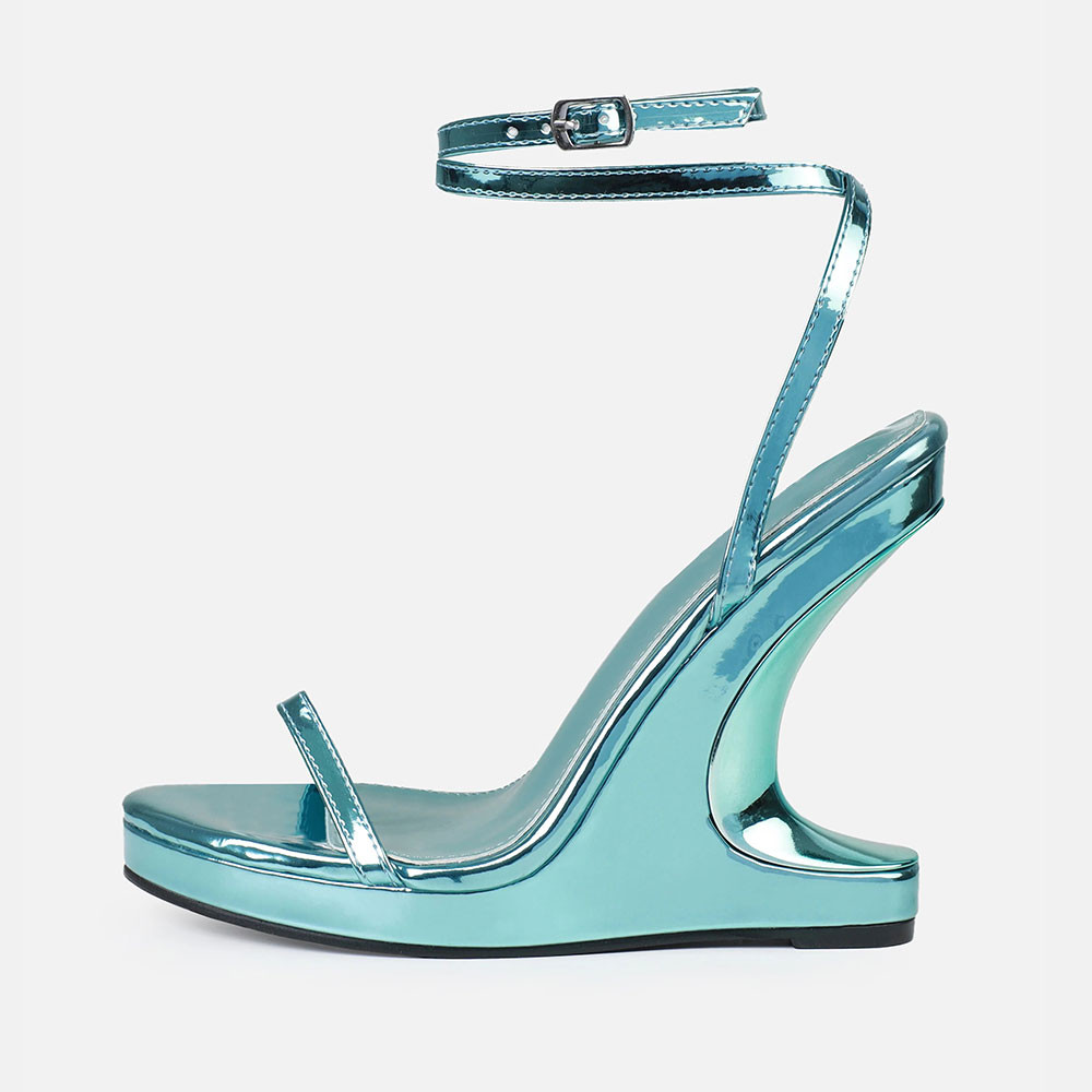Blue Metallic Open Toe Sandals Ankle Strap Wedge Heels with Platform | FSJshoes.com