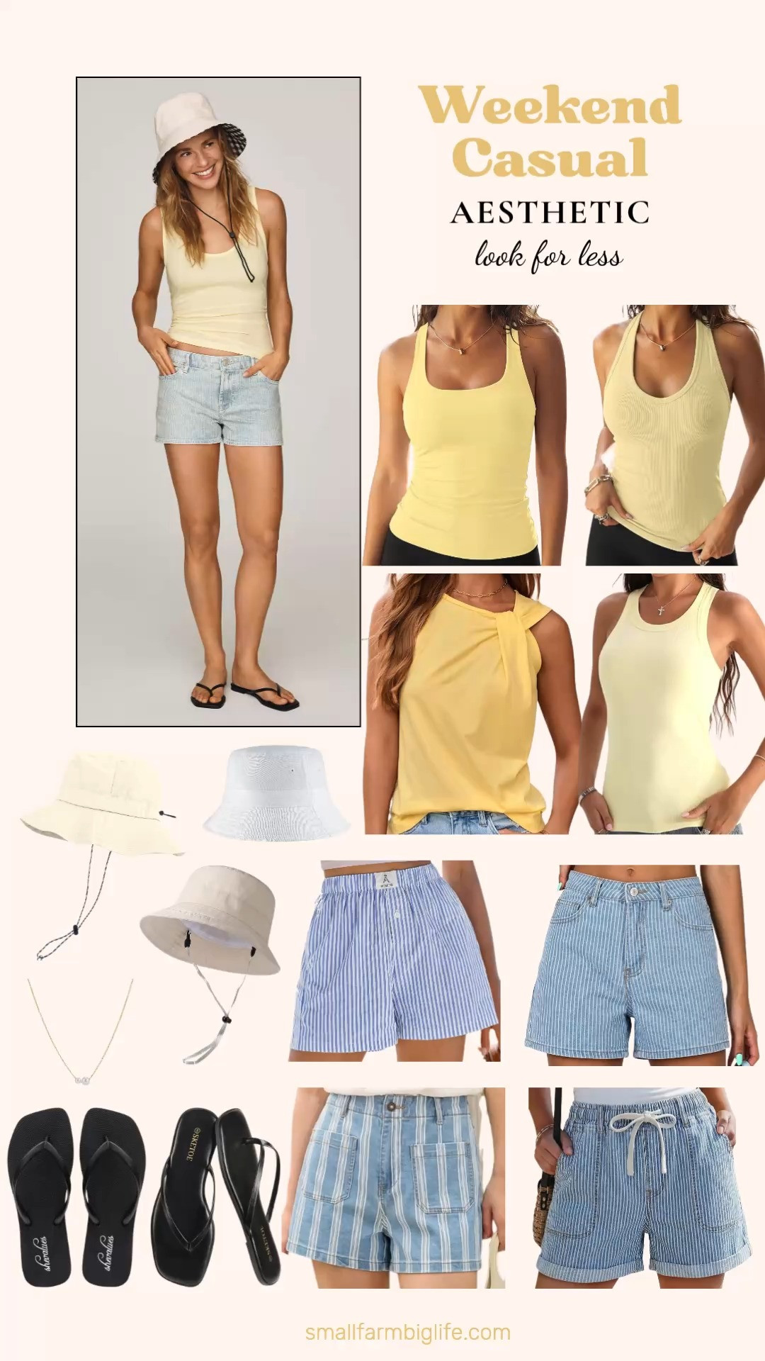 Striped jean shorts are having such a moment this summer and these light blue stripe denim styles are so cute and easy to style for a casual weekend look. Pair them with a soft yellow ribbed tank or twist knot top for a fresh and unexpected color combination that feels very coastal and summery without trying too hard. The white and cream bucket hats are the perfect finishing touch for a day in the sun and the square toe flip flops keep everything comfortable and grounded. Add a gold and pearl necklace and you have a complete weekend look for so much less than you would expect. Tap to shop! 

 #LTKgrwm #LTKootd #LTKOver40