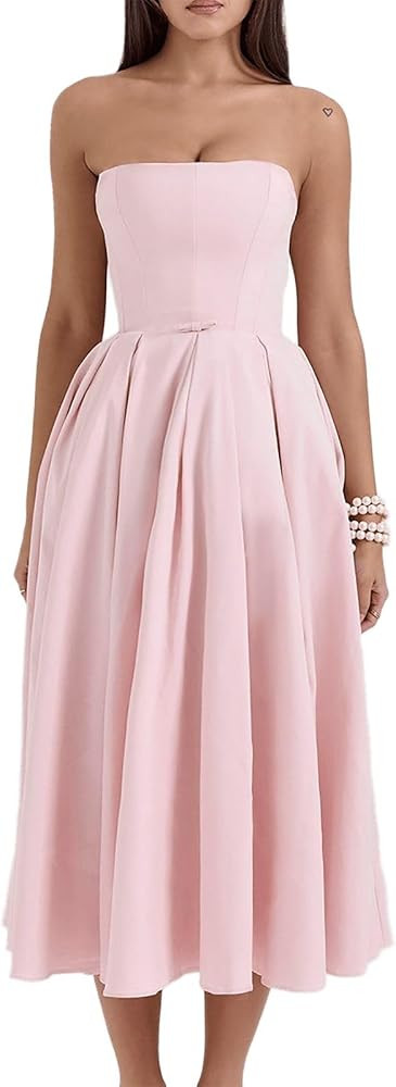 Summer Baby Blue Dress for Women Strapless Bodycon Party Gown Vintage Sleeveless Ruffled High Wai... | Amazon (US)
