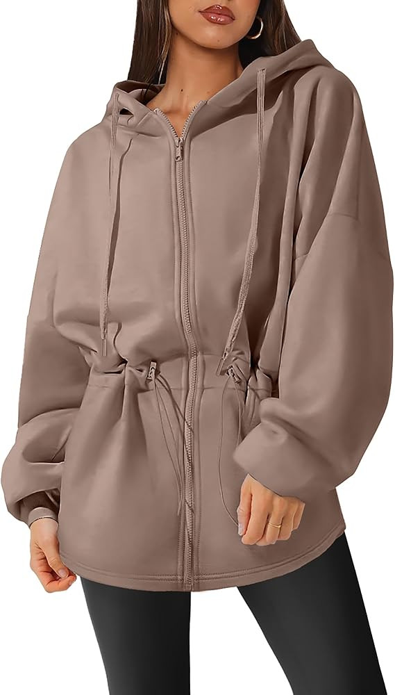 Womens Oversized Hoodies Fleece Zip Up Sweatshirts Drawstring Waist Long Sleeve Sweaters Pullover... | Amazon (US)