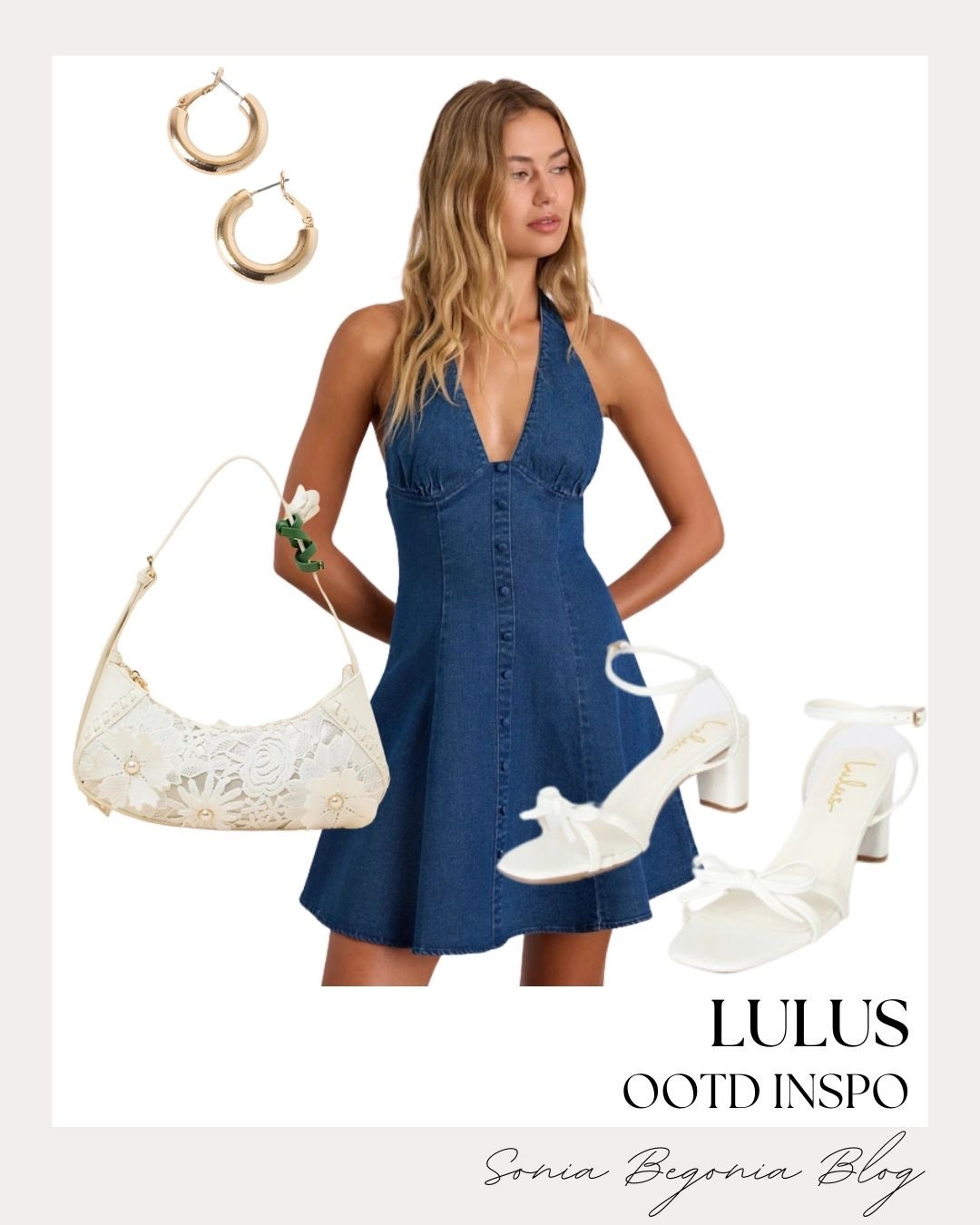 💙 Nothing says summer quite like a classic denim moment. I am styling this gorgeous button-front denim halter dress from Lulus with delicate white bow heels for the perfect blend of casual and feminine charm.
👜 Finished the look with a floral lace shoulder bag and timeless gold hoop earrings.
#Lulus #DenimDress #SummerOOTD #CuteOutfits #SummerFashion #LulusDresses #OOTDInspo

#LTKootd #LTKSeasonal