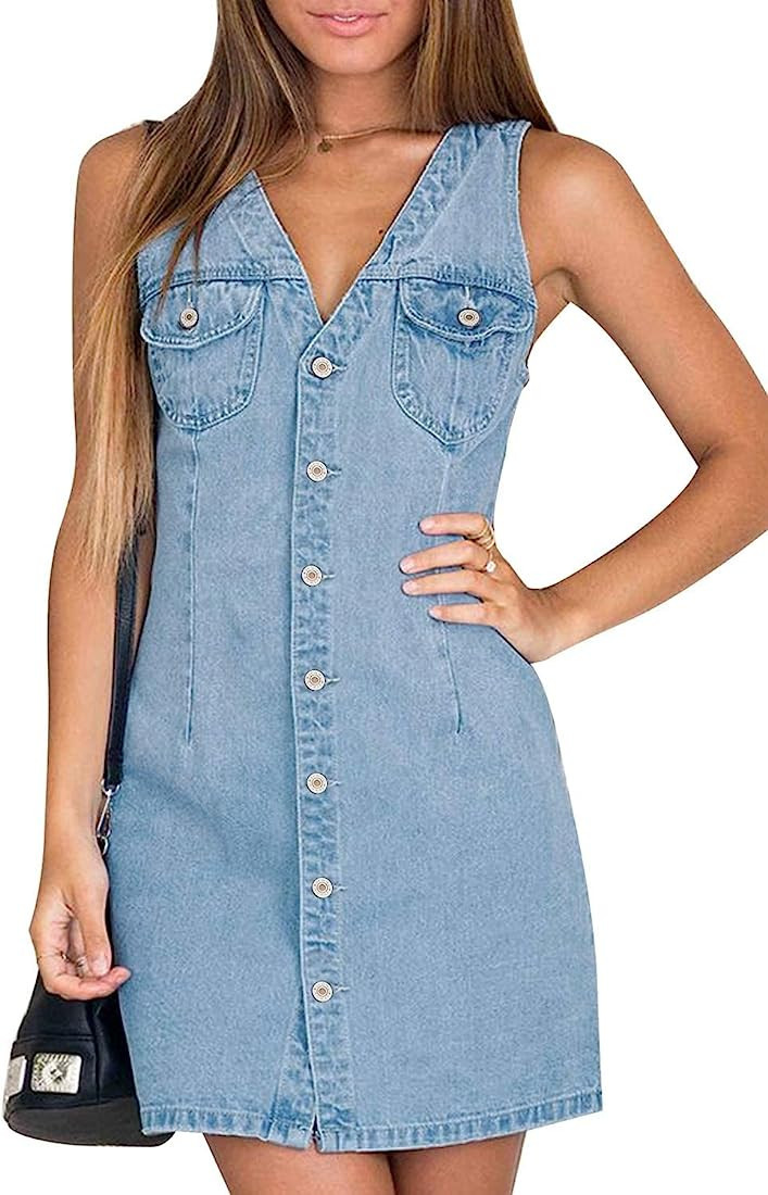BZB Women's Sleeveless V Neck Denim Dress Casual Jeans Button Down Denim Short Dresses | Amazon (US)