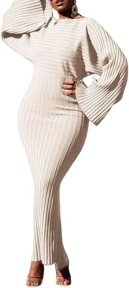 chouyatou Women's Sexy Bell Long Sleeve Sweater Dress Bodycon Ribbed Knit Maxi Pullover Sweater D... | Amazon (US)