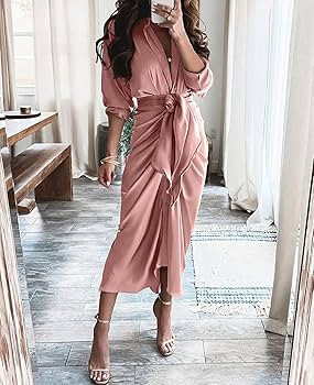 BTFBM Women's Long Sleeve Lapel V Neck Button Down Satin Dresses Elegant Ruched Casual Fall Maxi Shi | Amazon (US)