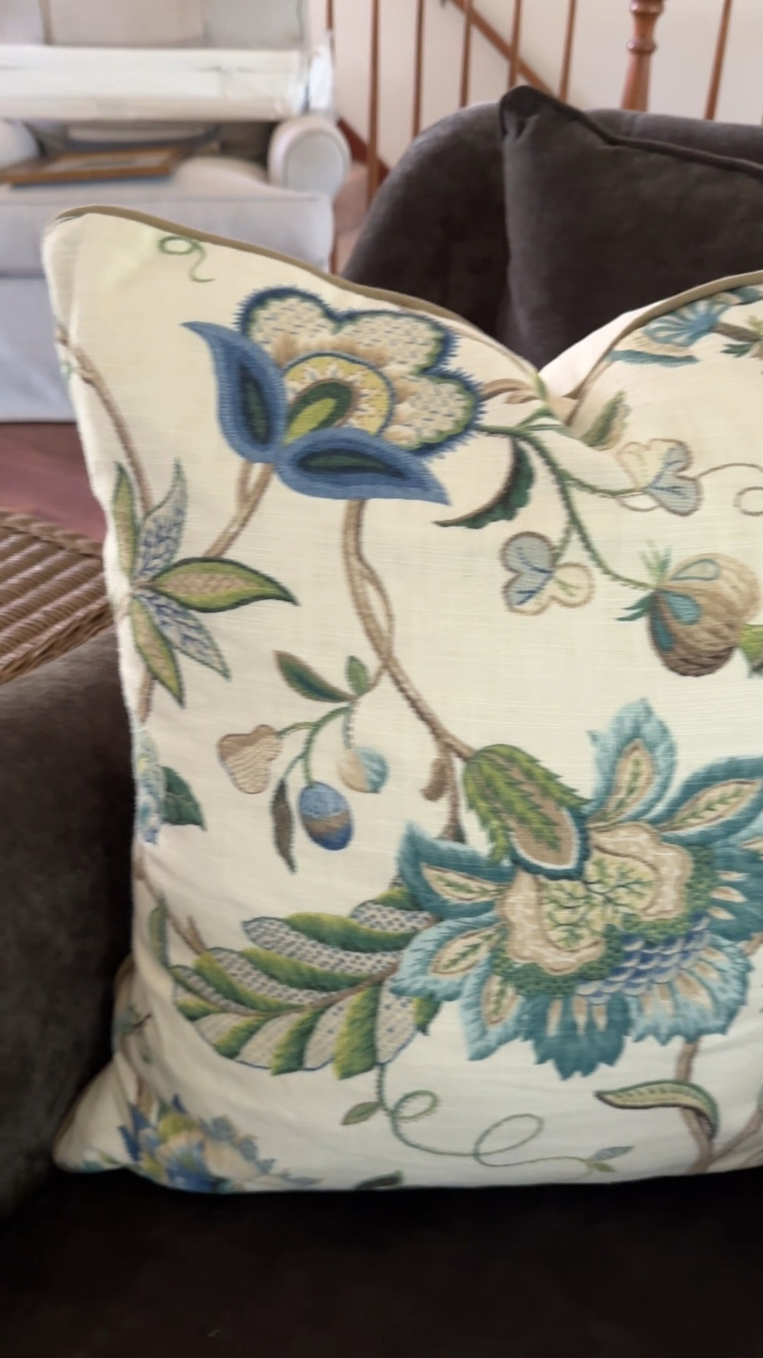 Splurge vs save! You decide 🤔 love these blue and green floral throw pillows so much. One is designer fabric from Etsy. They other is a look for less style from land of pillows. Be sure to check their selection out. Really gorgeous pillows at an affordable price point!! 

#LTKVideo #LTKHome #LTKFindsUnder50